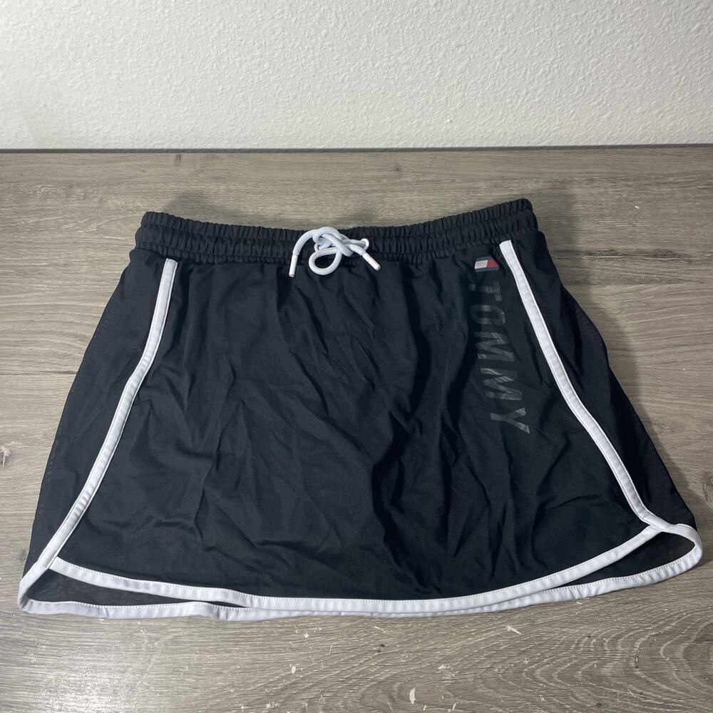 Tommy Hilfiger Womens Mesh Overlay Shorts Black White Retro Running Gym SMALL